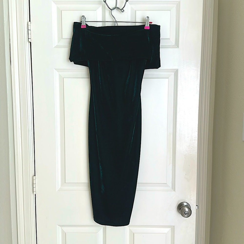 Beautiful and Festive Gianni Bini Dark Green Off the Shoulder Velvet Dress.